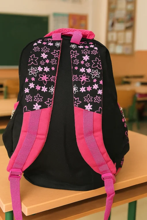 Ghiozdan Scolar cu buzunare laterale si fermoare Flower NegruRoz, 43x30x16 Mare –GSF3 (1) Ghiozdan Scolar cu buzunare laterale si fermoare Flower NegruRoz, 43x30x16 Mare –GSF3