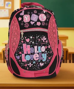 Ghiozdan Scolar cu buzunare laterale si fermoare Flower NegruRoz, 43x30x16 Mare –GSF3