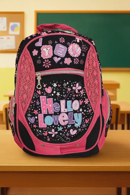 Ghiozdan Scolar cu buzunare laterale si fermoare Flower NegruRoz, 43x30x16 Mare –GSF3