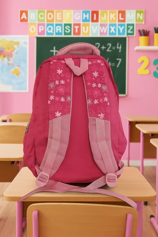 Ghiozdan Scolar cu buzunare laterale si fermoare Flower Roz, 43x30x16 Mare –GSF1 , spate Ghiozdan Scolar cu buzunare laterale si fermoare Flower Roz, 43x30x16 Mare –GSF1