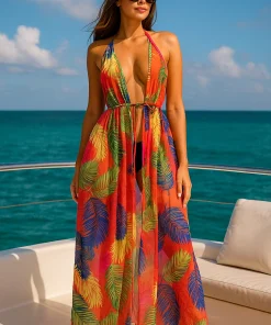 Rochie de vara de plaja dama, lunga, material fluid Look Orange