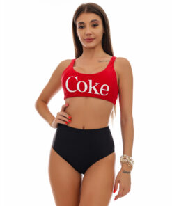 Costum de baie cu talie inalta si bustiera Coke