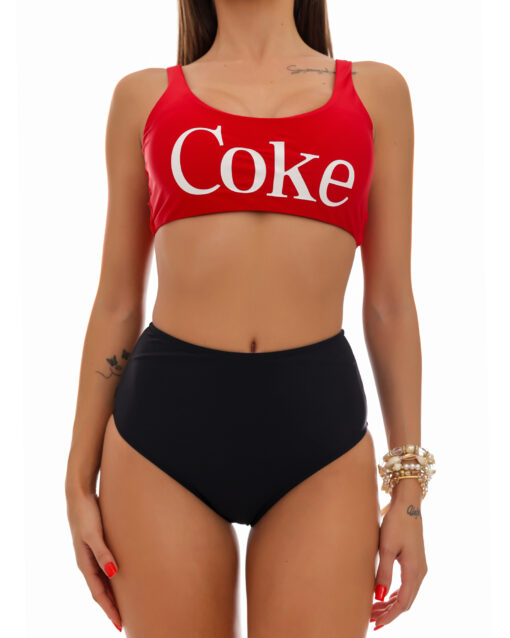 Costum de baie cu talie inalta si bustiera Coke