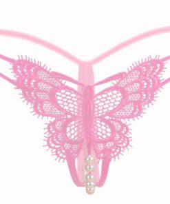 Bikini tanga din dantela cu Fluture si perle Roz