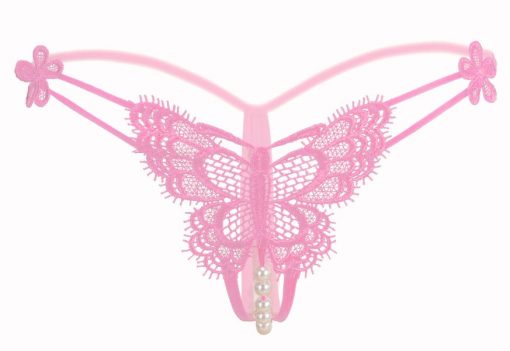Bikini tanga din dantela cu Fluture si perle Roz