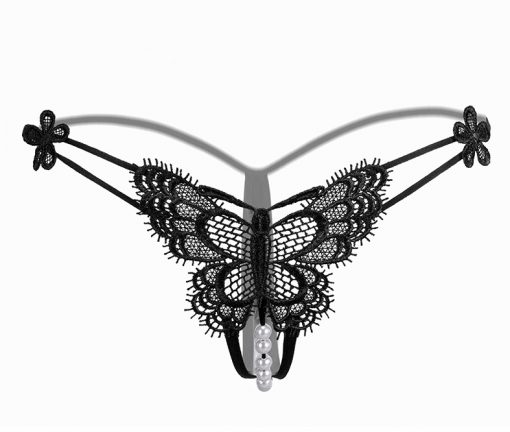 Bikini tanga din dantela cu Fluture si perle negru