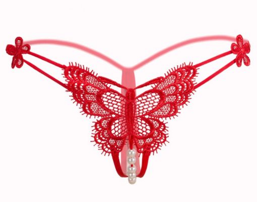 Bikini tanga din dantela cu Fluture si perle rosu