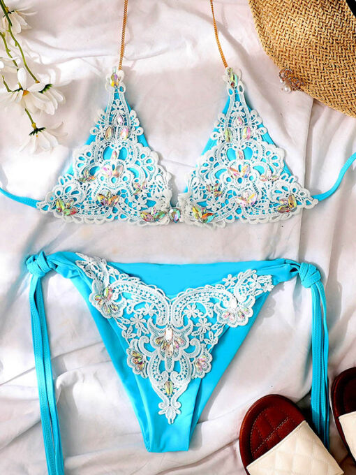 Costum de baie doua piese cu dantela Brazilia Albastru