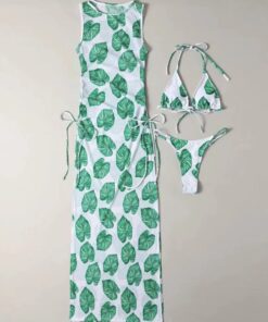 Set 3 pise Costum de baie si rochita Sexy on the Beach Frunze Verde