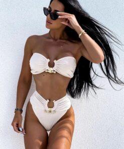 Costum de baie cu talie inalta si catarame Euforia Ivory