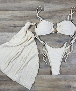 Set 3 piese Costum de baie si esarfa Alina Crem