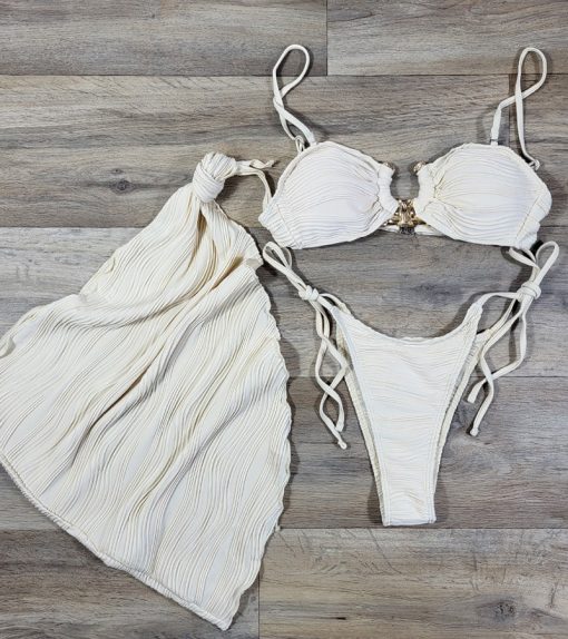 Set 3 piese Costum de baie si esarfa Alina Crem