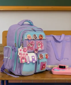 Ghiozdan Scolar MovSky , Geanta meditatii Mov, penar, insigne, ecuson si Ceas Roz cadou, doua marimi– GS10M