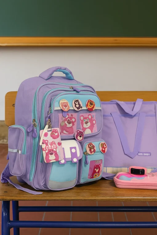 Ghiozdan Scolar MovSky , Geanta meditatii Mov, penar, insigne, ecuson si Ceas Roz cadou, doua marimi– GS10M