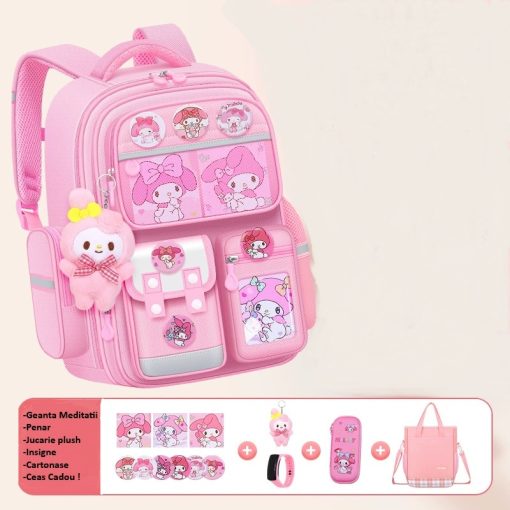 Ghiozdan Scolar Roz, Geanta meditatii Roz, penar 3D, insigne, jucarie plush si Ceas Roz cadou, doua marimi– GS11R