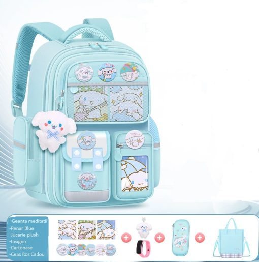 Ghiozdan Scolar Albastru, Geanta meditatii Albastra, penar 3D, insigne, jucarie plush si Ceas Roz cadou, doua marimi– GS12A