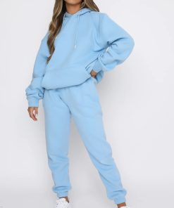 Compleu trening gros 2 piese cu hanorac cu gluga si buzunare frontale Geo Blue- GE99