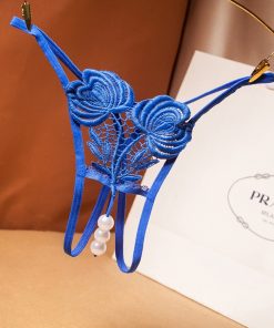 Bikini din dantela cu decupaj si perle inghinal Albastru Lara- MG15