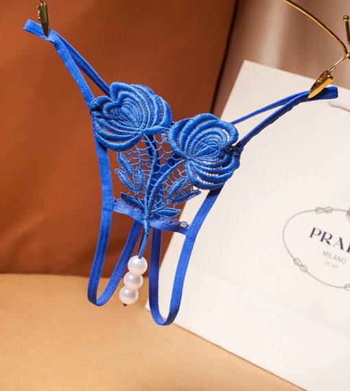 Bikini din dantela cu decupaj si perle inghinal Albastru Lara- MG15