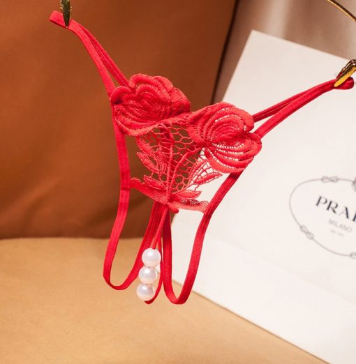 Bikini din dantela cu decupaj si perle inghinal Rosu Lara- MG15